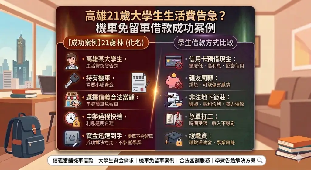 「成功借款案例2」網頁截圖，顯示高雄21歲大學生生活費告急時的借款成功案例及方式比較