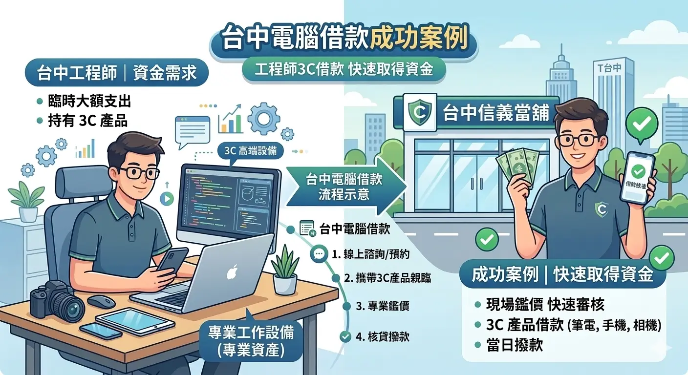 台中電腦借款成功案例流程圖，展示工程師如何快速取得資金、現場鑑價與當日撥款的步驟。