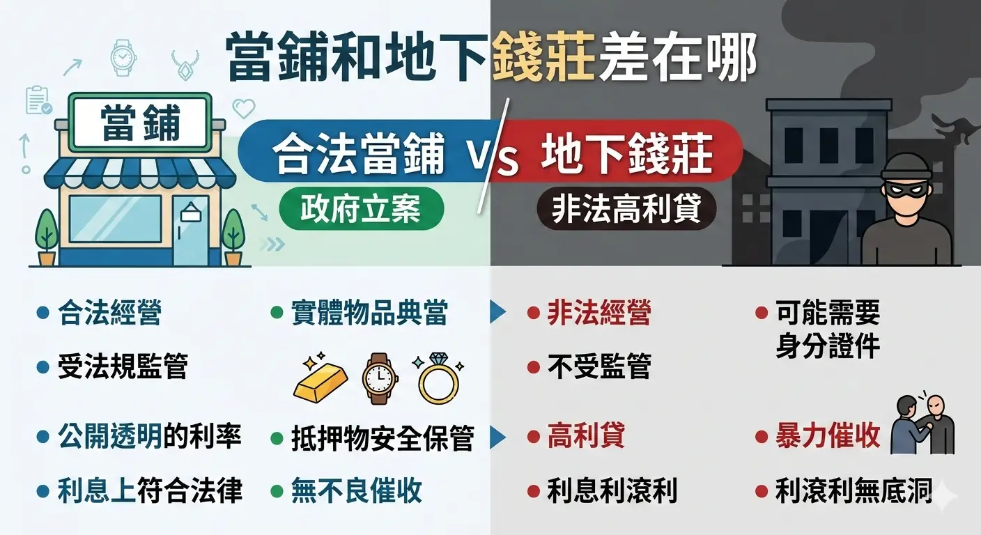 這張圖片是一個對比圖，詳細比較了「合法當鋪」和「地下錢莊」的差異。圖片中列出了多個關鍵項目，幫助使用者快速了解兩者的不同，包括：經營合法性、法規監管、利率透明度、利息計算方式、抵押品典當、保管安全性以及催收方式等。