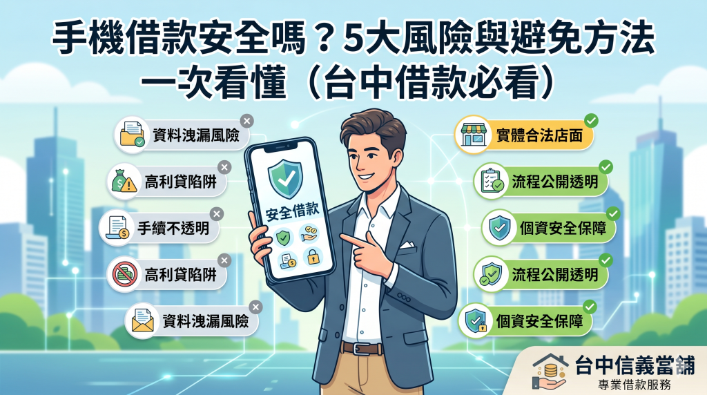 台中手機借款安全宣導圖,展示5大風險與信義當舖合法保障流程。