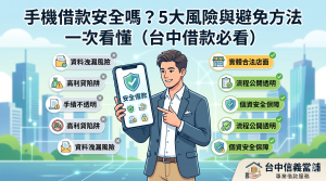 台中手機借款安全宣導圖，展示5大風險與信義當舖合法保障流程。