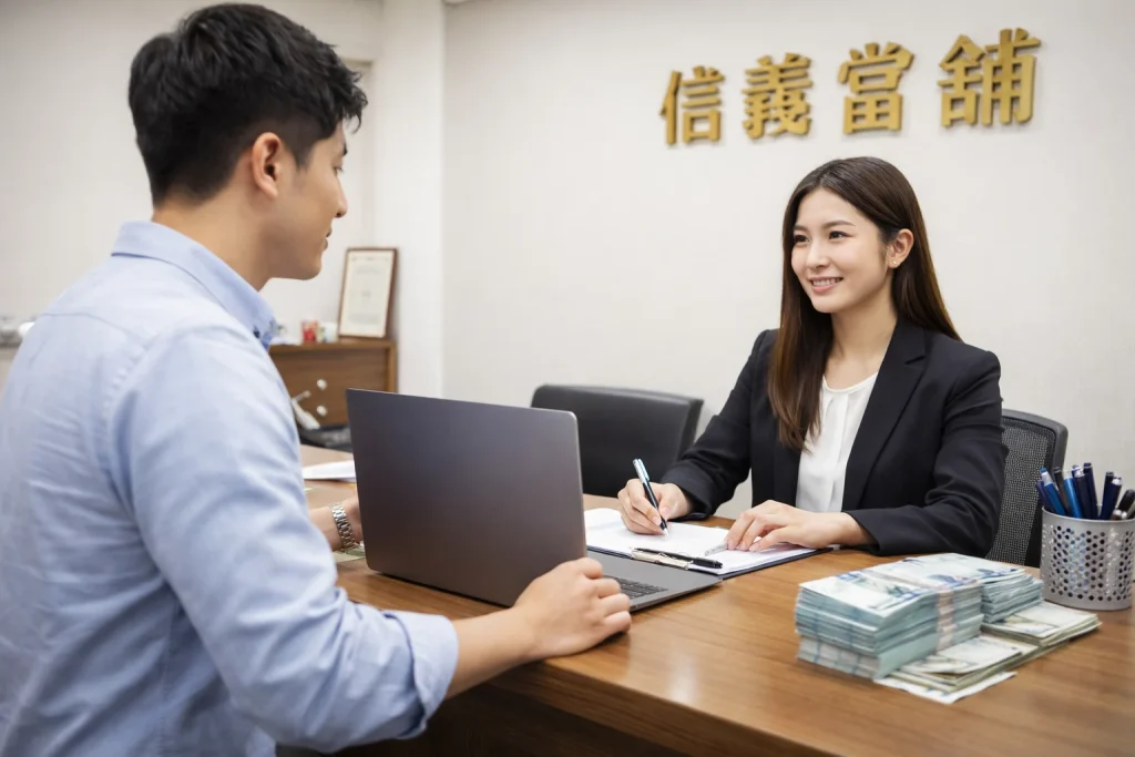 電腦借款流程示意，客戶以筆電在當舖辦理借款取得現金